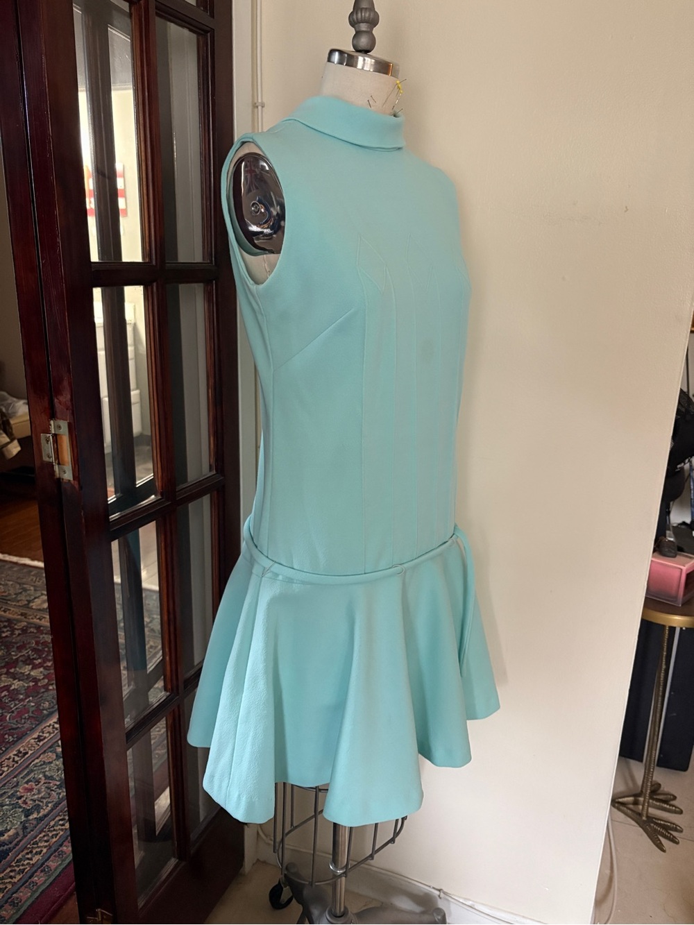 Vintage Sleeveless Aqua Drop-Waist Dress with Flared Hem